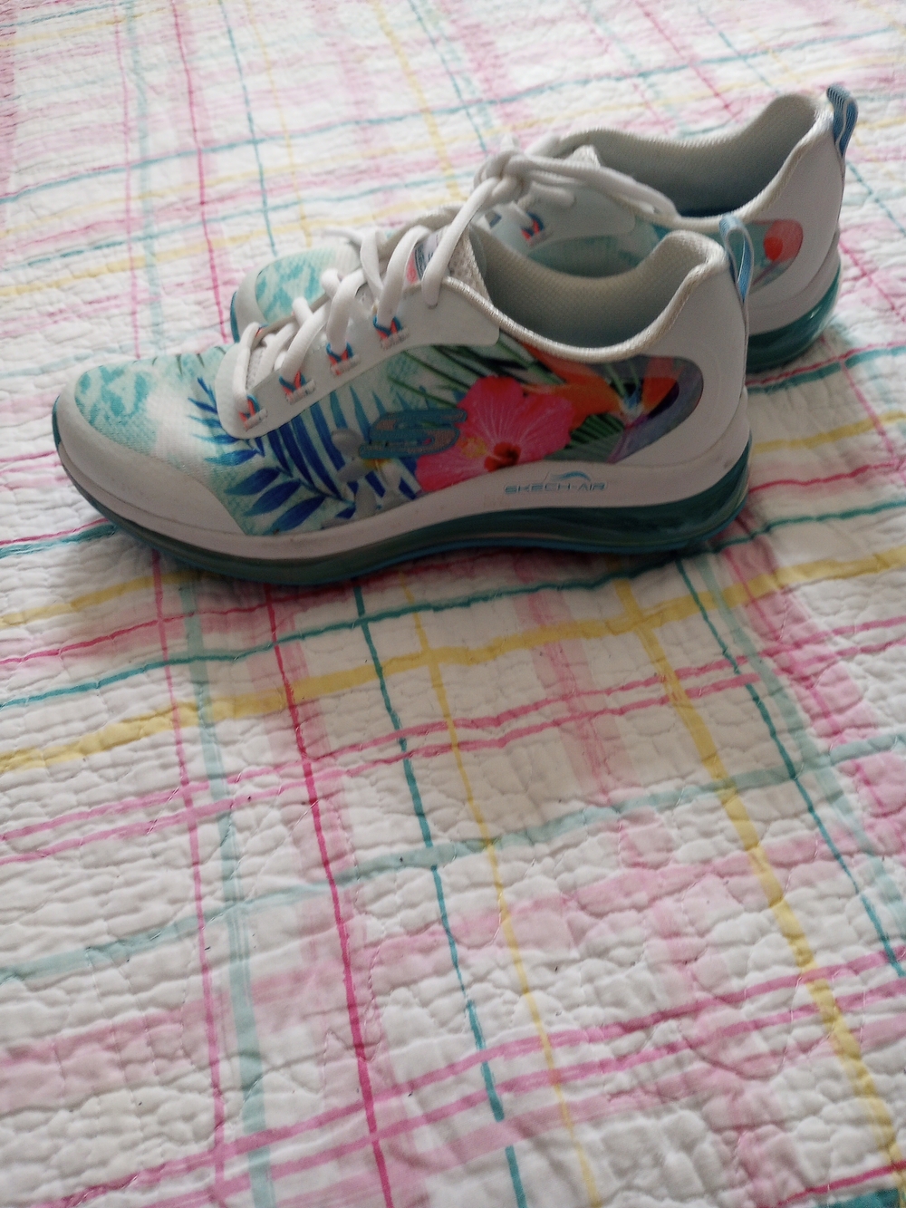 Skechers White with Teal & Coral Floral Athletic Shoes
